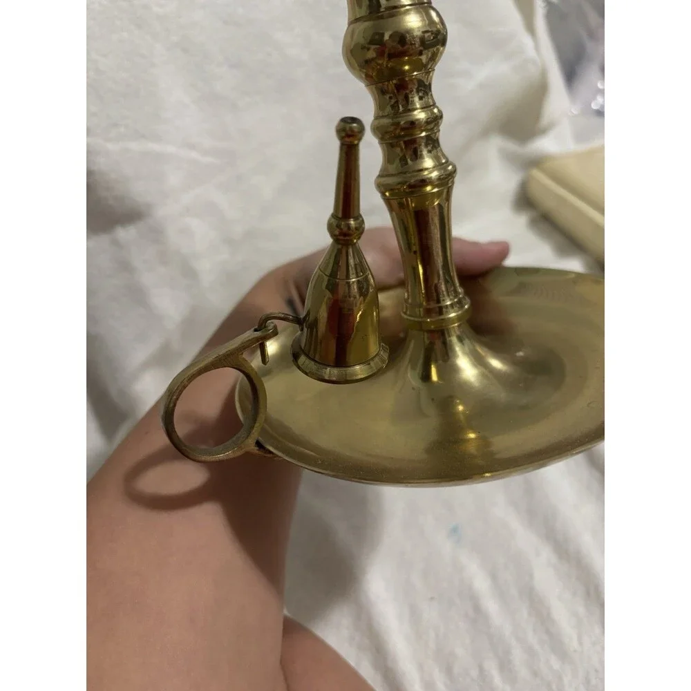 Vintage Heavy Solid Brass Chamberstick Candle Holder w Snuffer India